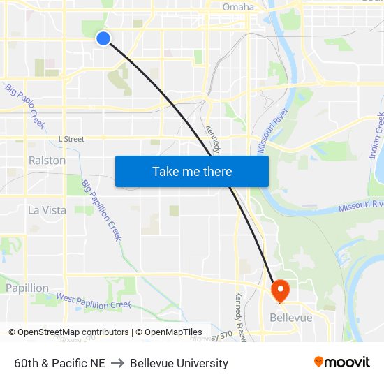 60th & Pacific NE to Bellevue University map