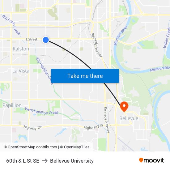 60th & L St SE to Bellevue University map