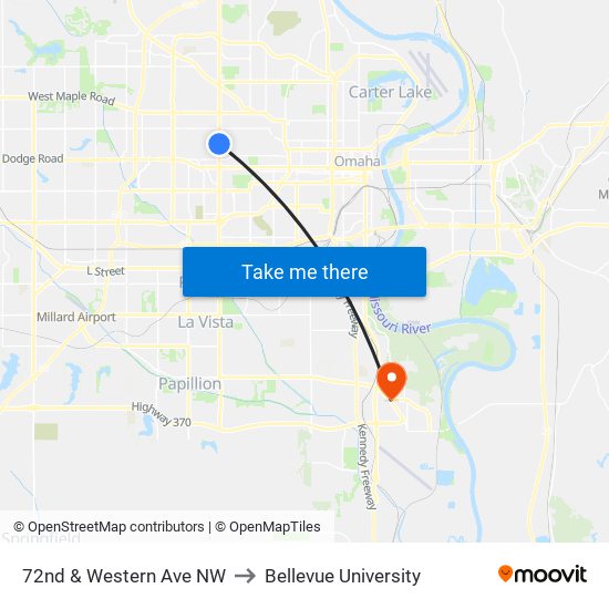 72nd & Western Ave NW to Bellevue University map