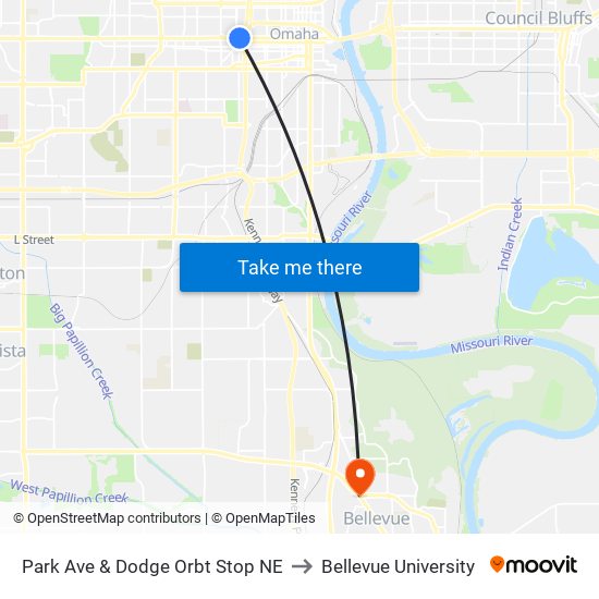 Park Ave & Dodge Orbt Stop NE to Bellevue University map