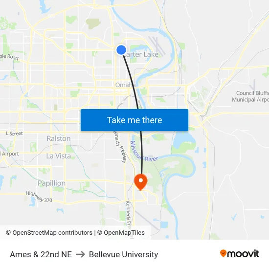 Ames & 22nd NE to Bellevue University map