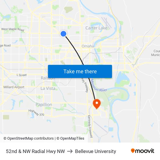 52nd & NW Radial Hwy NW to Bellevue University map