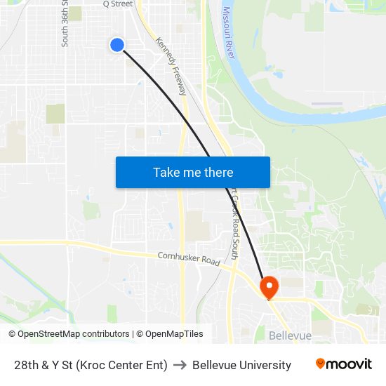 28th & Y St (Kroc Center Ent) to Bellevue University map
