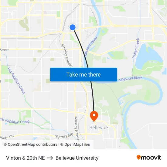 Vinton & 20th NE to Bellevue University map