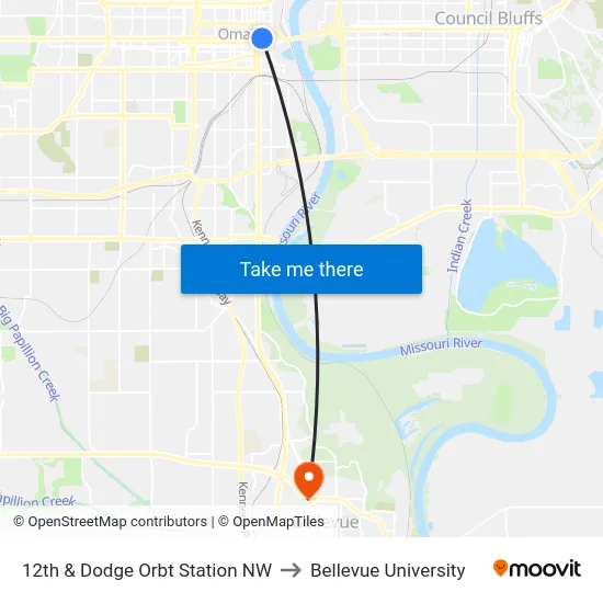 12th & Dodge Orbt Station NW to Bellevue University map
