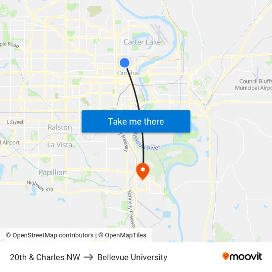20th & Charles NW to Bellevue University map