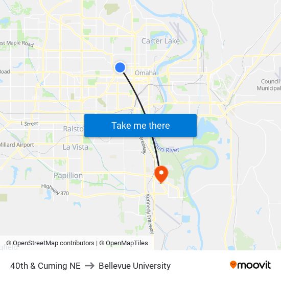 40th & Cuming NE to Bellevue University map