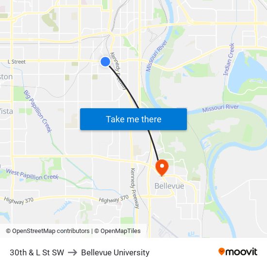 30th & L St SW to Bellevue University map