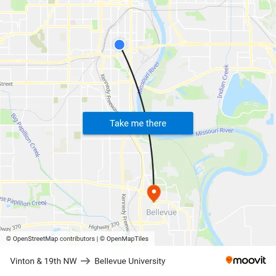 Vinton & 19th NW to Bellevue University map