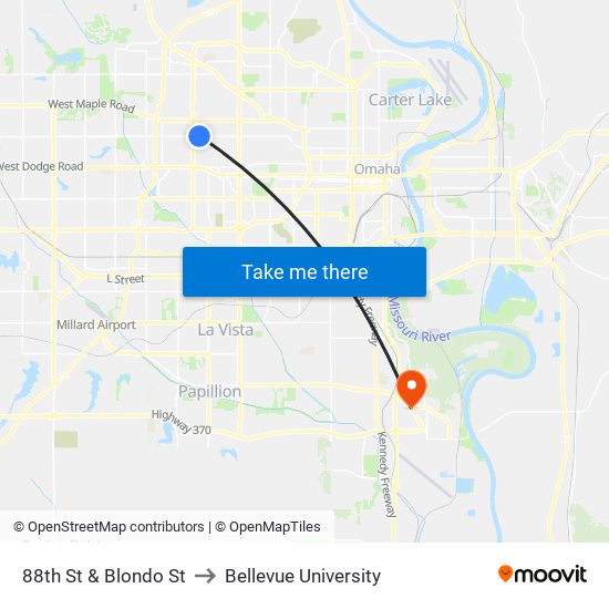 88th St & Blondo St to Bellevue University map