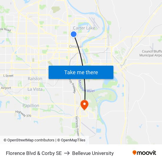 Florence Blvd & Corby SE to Bellevue University map