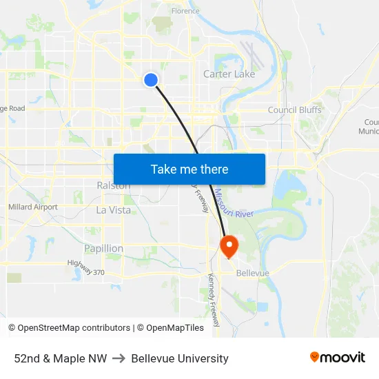 52nd & Maple NW to Bellevue University map