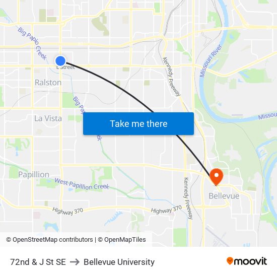 72nd & J St SE to Bellevue University map