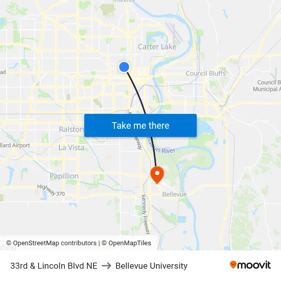 33rd & Lincoln Blvd NE to Bellevue University map