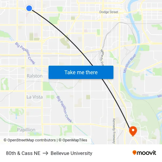 80th & Cass NE to Bellevue University map