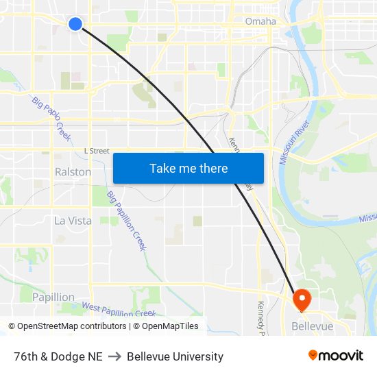 76th & Dodge NE to Bellevue University map