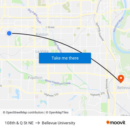 108th & Q St NE to Bellevue University map