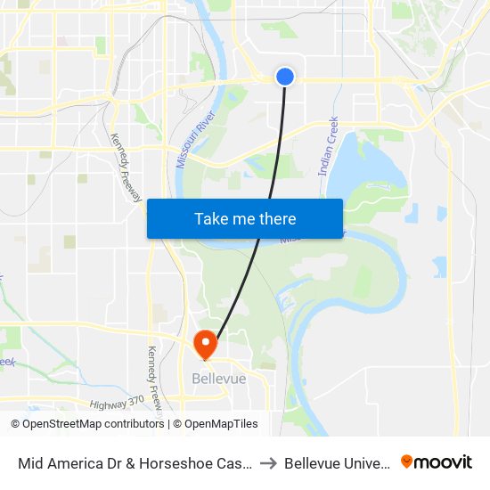 Mid America Dr & Horseshoe Casino NE to Bellevue University map