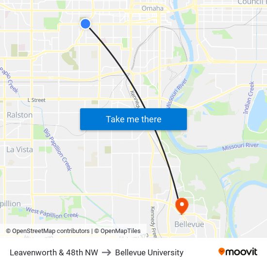 Leavenworth & 48th NW to Bellevue University map