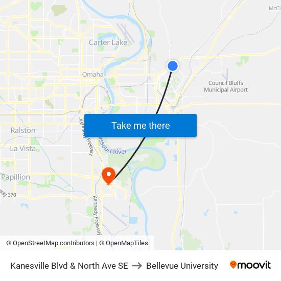 Kanesville Blvd & North Ave SE to Bellevue University map