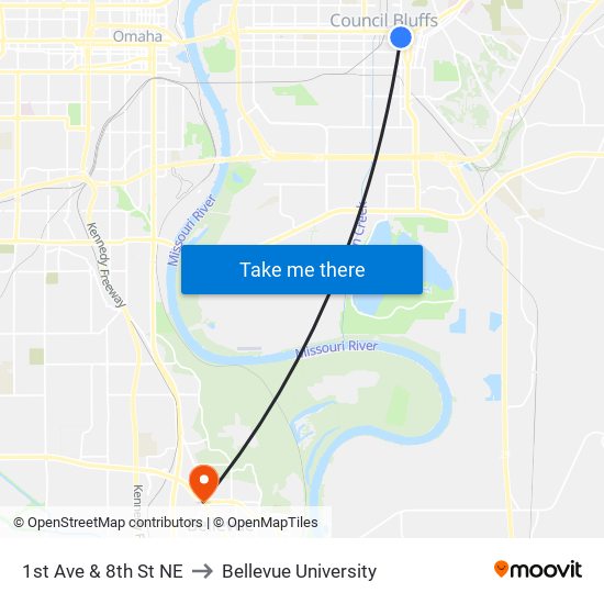 1st Ave & 8th St NE to Bellevue University map