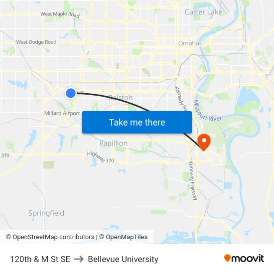 120th & M St SE to Bellevue University map