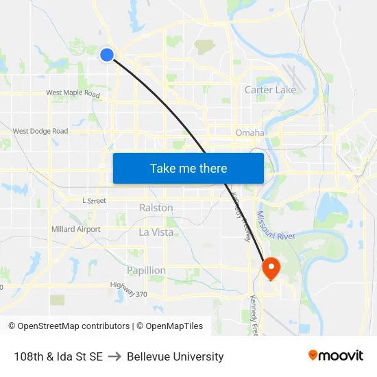 108th & Ida St SE to Bellevue University map