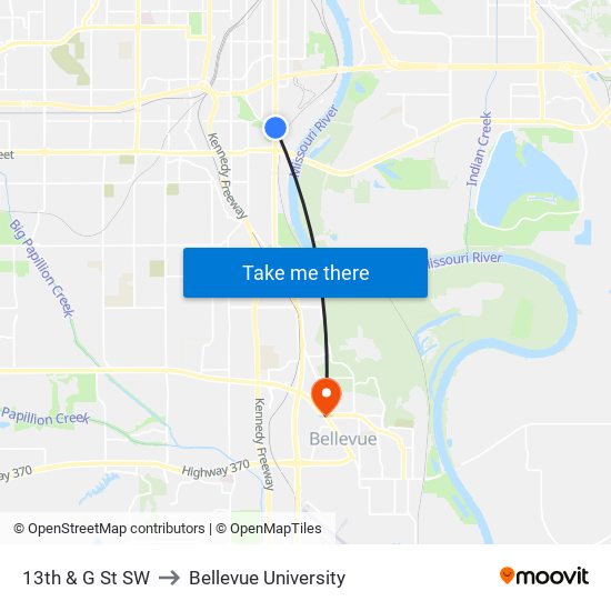 13th & G St SW to Bellevue University map