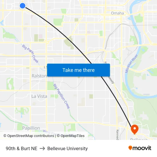 90th & Burt NE to Bellevue University map