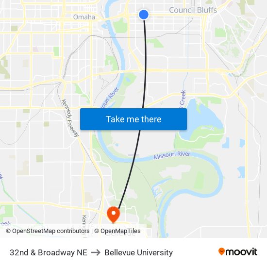 32nd & Broadway NE to Bellevue University map