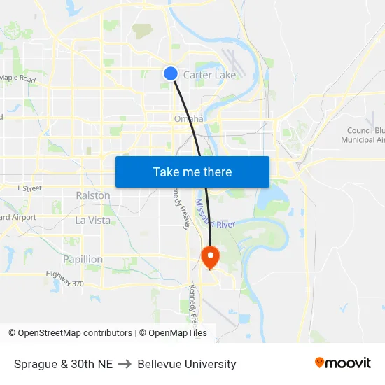 Sprague & 30th NE to Bellevue University map