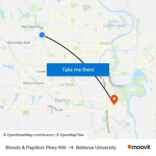Blondo & Papillion Pkwy NW to Bellevue University map
