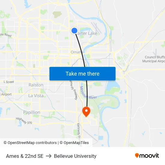 Ames & 22nd SE to Bellevue University map