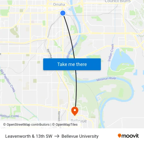 Leavenworth & 13th SW to Bellevue University map