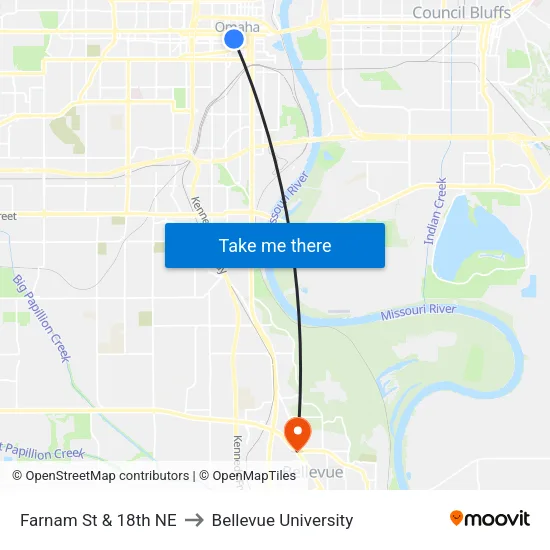 Farnam St & 18th NE to Bellevue University map
