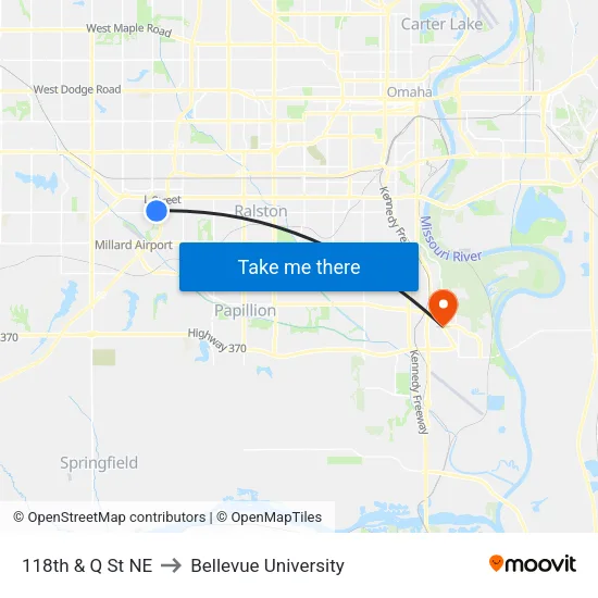 118th & Q St NE to Bellevue University map