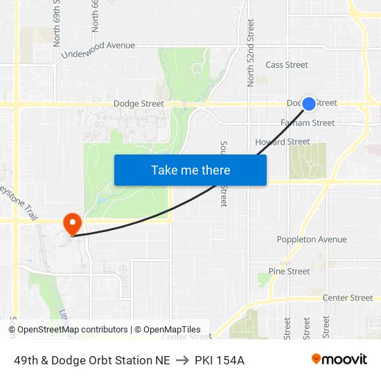 49th & Dodge Orbt Station NE to PKI 154A map