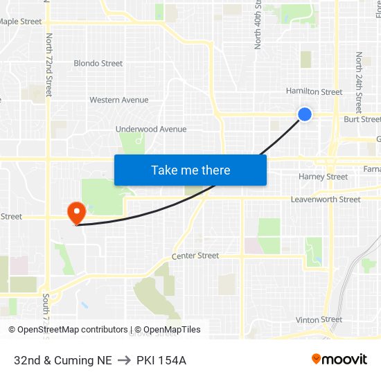 32nd & Cuming NE to PKI 154A map