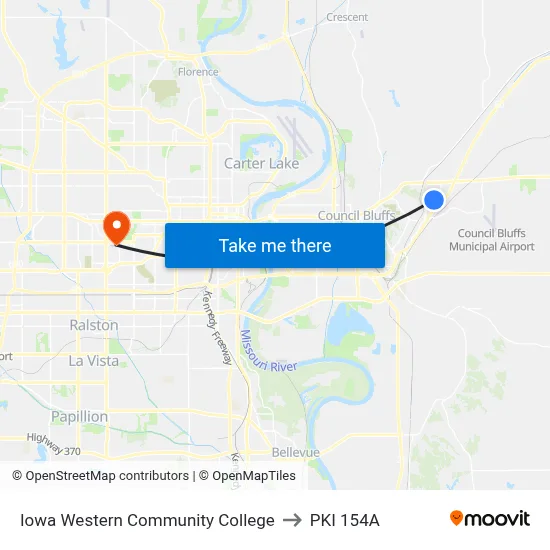 Iowa Western Community College to PKI 154A map
