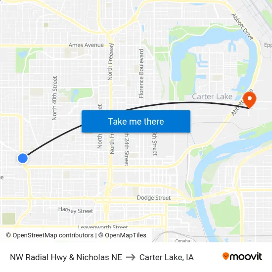 NW Radial Hwy & Nicholas NE to Carter Lake, IA map