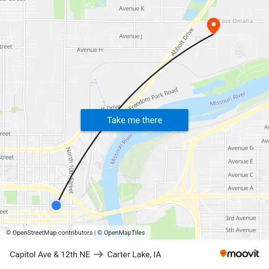 Capitol Ave & 12th NE to Carter Lake, IA map