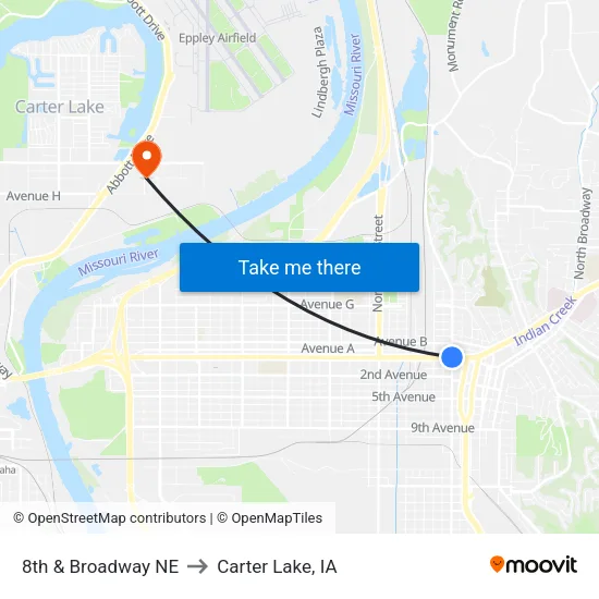 8th & Broadway NE to Carter Lake, IA map