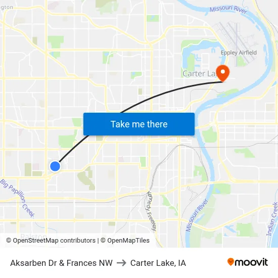 Aksarben Dr & Frances NW to Carter Lake, IA map