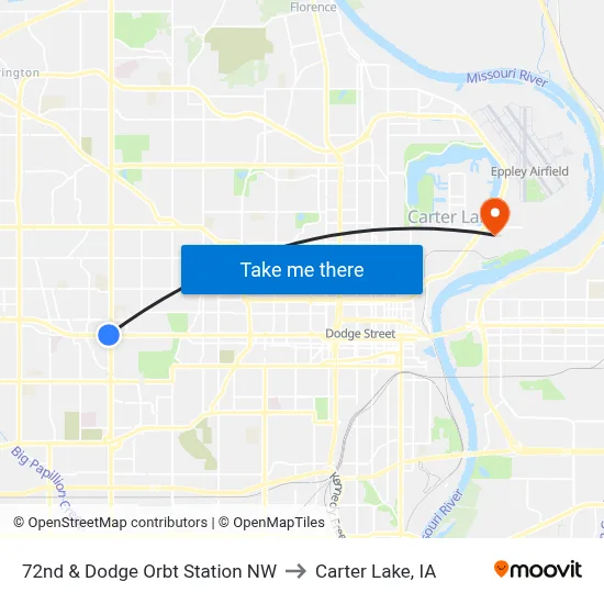 72nd & Dodge Orbt Station NW to Carter Lake, IA map