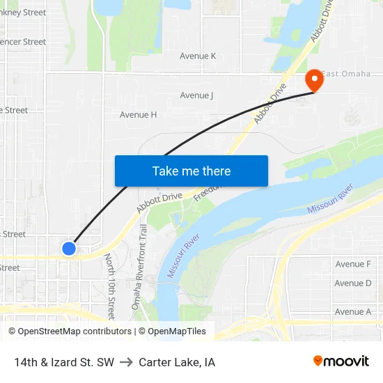 14th & Izard St. SW to Carter Lake, IA map