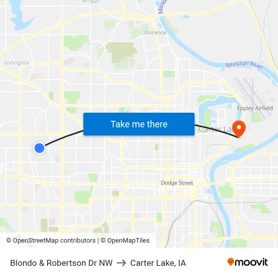 Blondo & Robertson Dr NW to Carter Lake, IA map