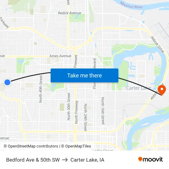 Bedford Ave & 50th SW to Carter Lake, IA map