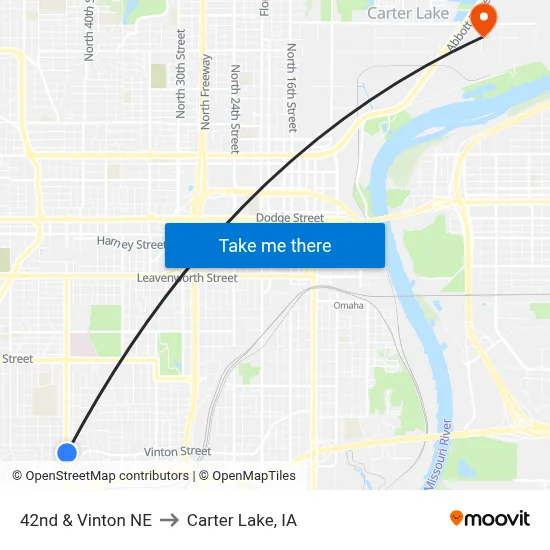 42nd & Vinton NE to Carter Lake, IA map