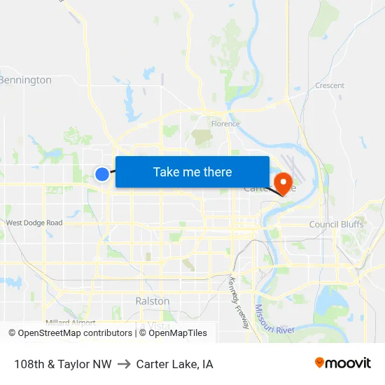 108th & Taylor NW to Carter Lake, IA map