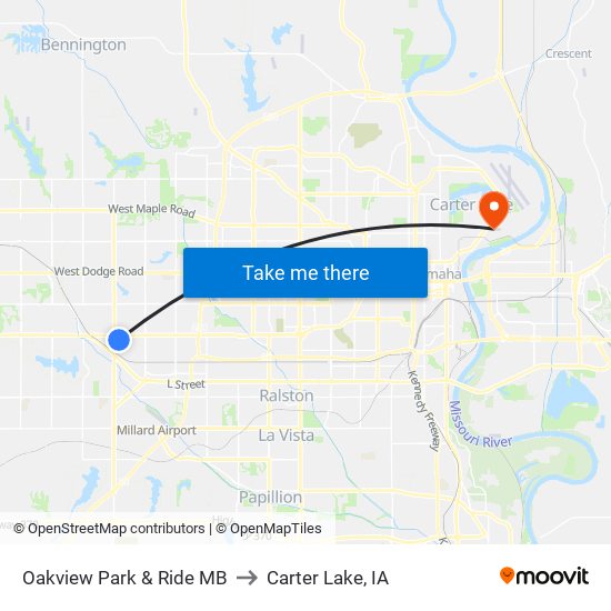 Oakview Park & Ride MB to Carter Lake, IA map